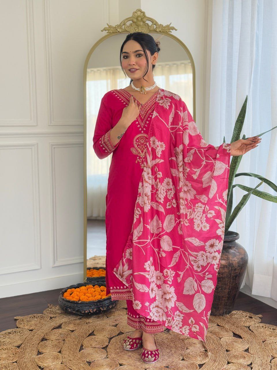 Hot Pink Embroidered Viscose Kurta Set with Digital Printed Dupatta