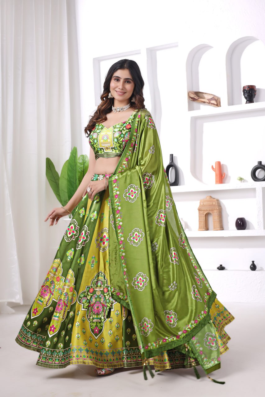 Olive Green Printed Silk Lehenga Choli with Designer Dupatta