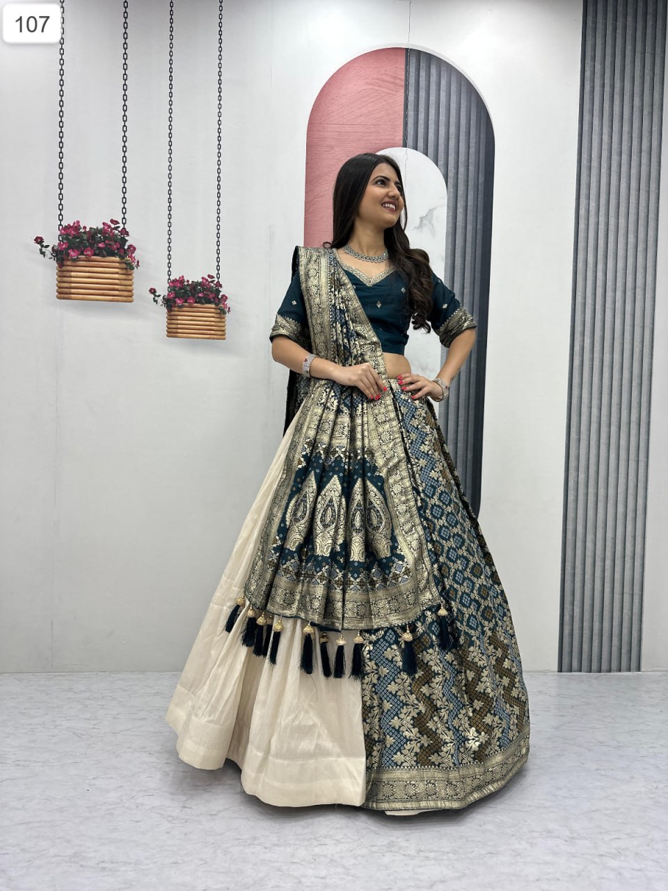 Royal Banarasi Silk Half-and-Half Saree with Intricate Zari Weaving and Designer Pleats