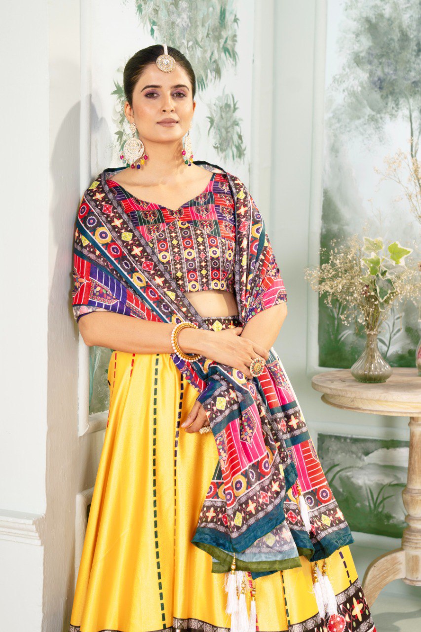 Designer Multicolor Printed Lehenga Choli with Yellow Flare & Ethnic Dupatta