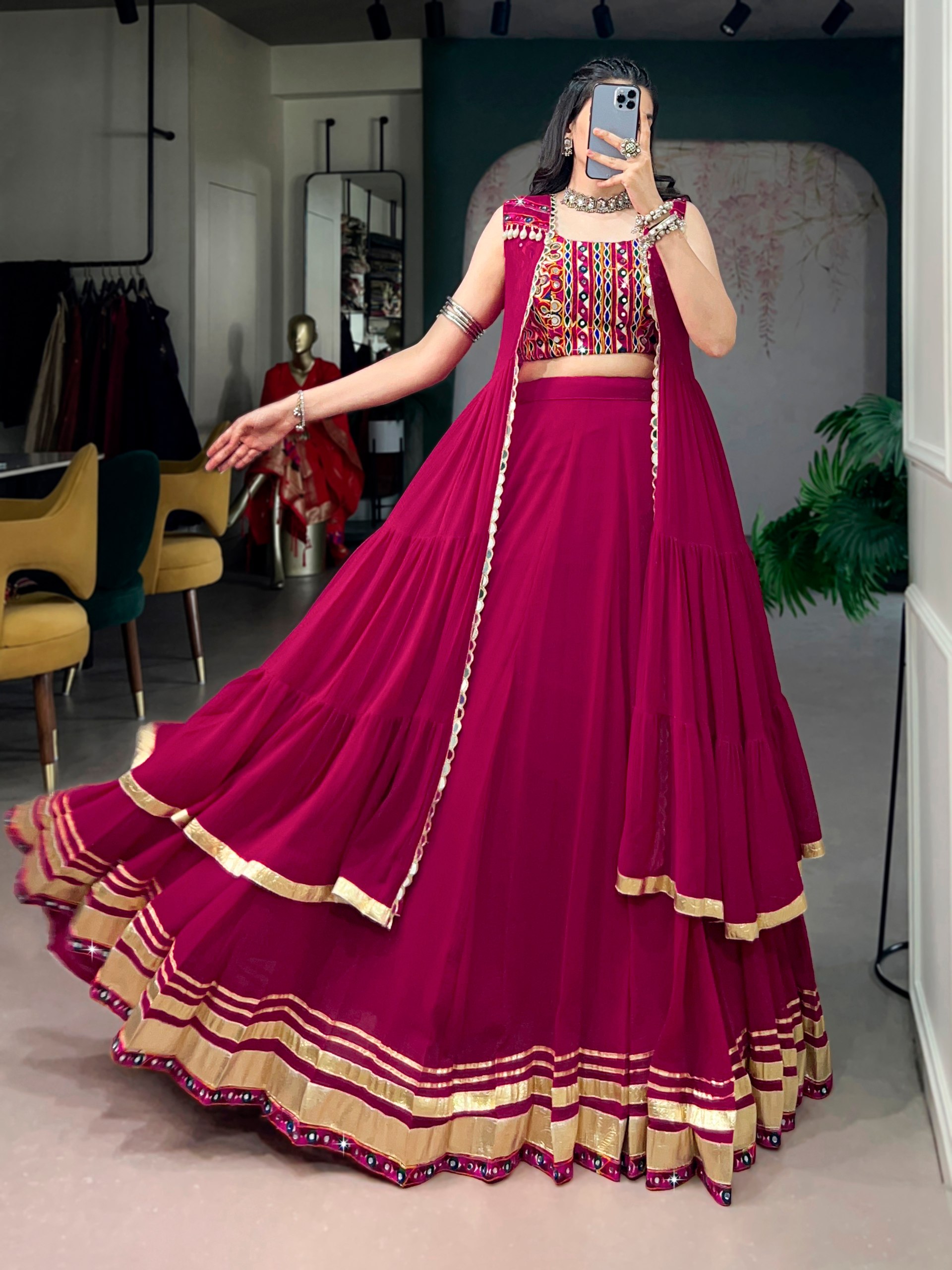 Navratri Special Magenta Chaniya Choli with Designer Jacket | Traditional Garba Lehenga for Women
