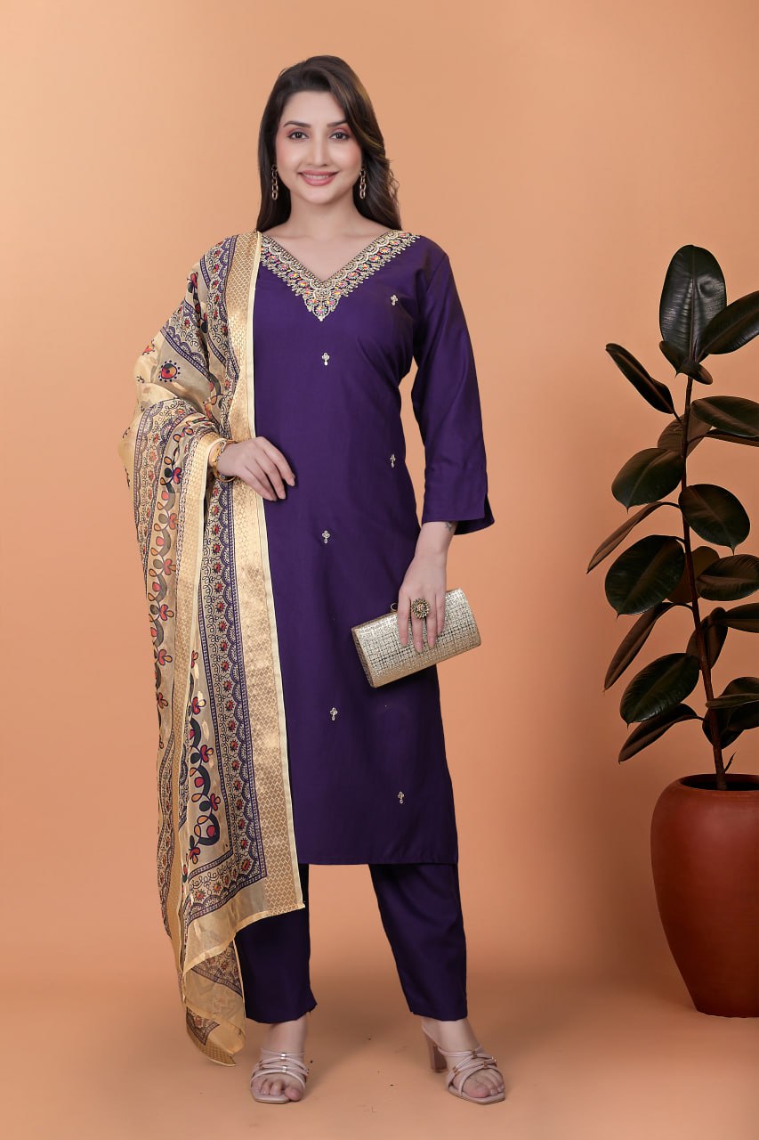 Royal Purple Embroidered Kurta Set with Printed Dupatta for Women