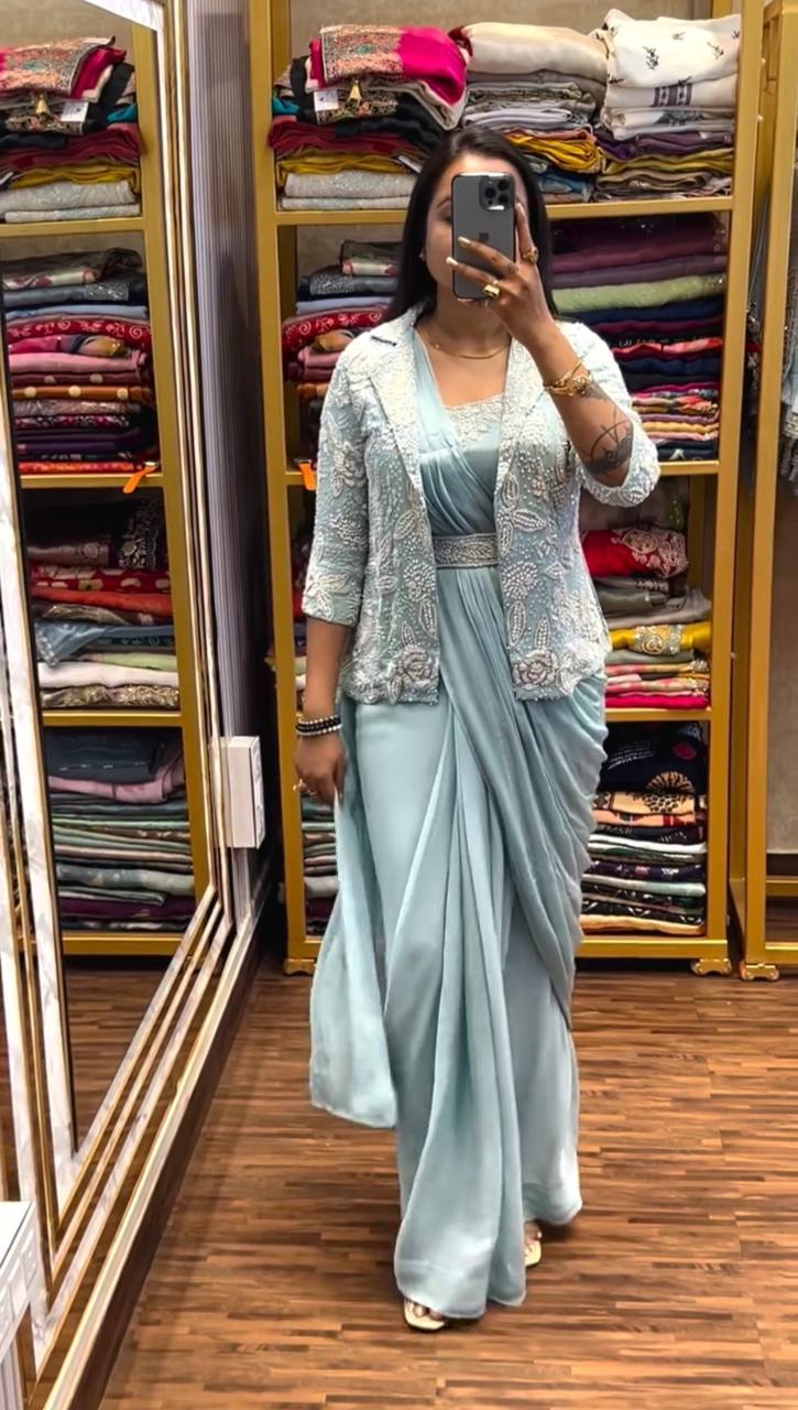 Designer Ready-to-Wear Saree with Embroidered Jacket & Belt Set