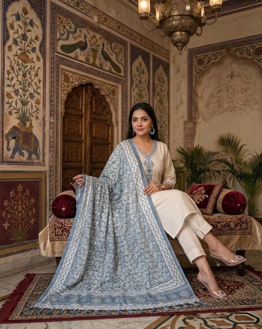 Elegant Printed Kurta Set with Traditional Tassel Dupatta for Women