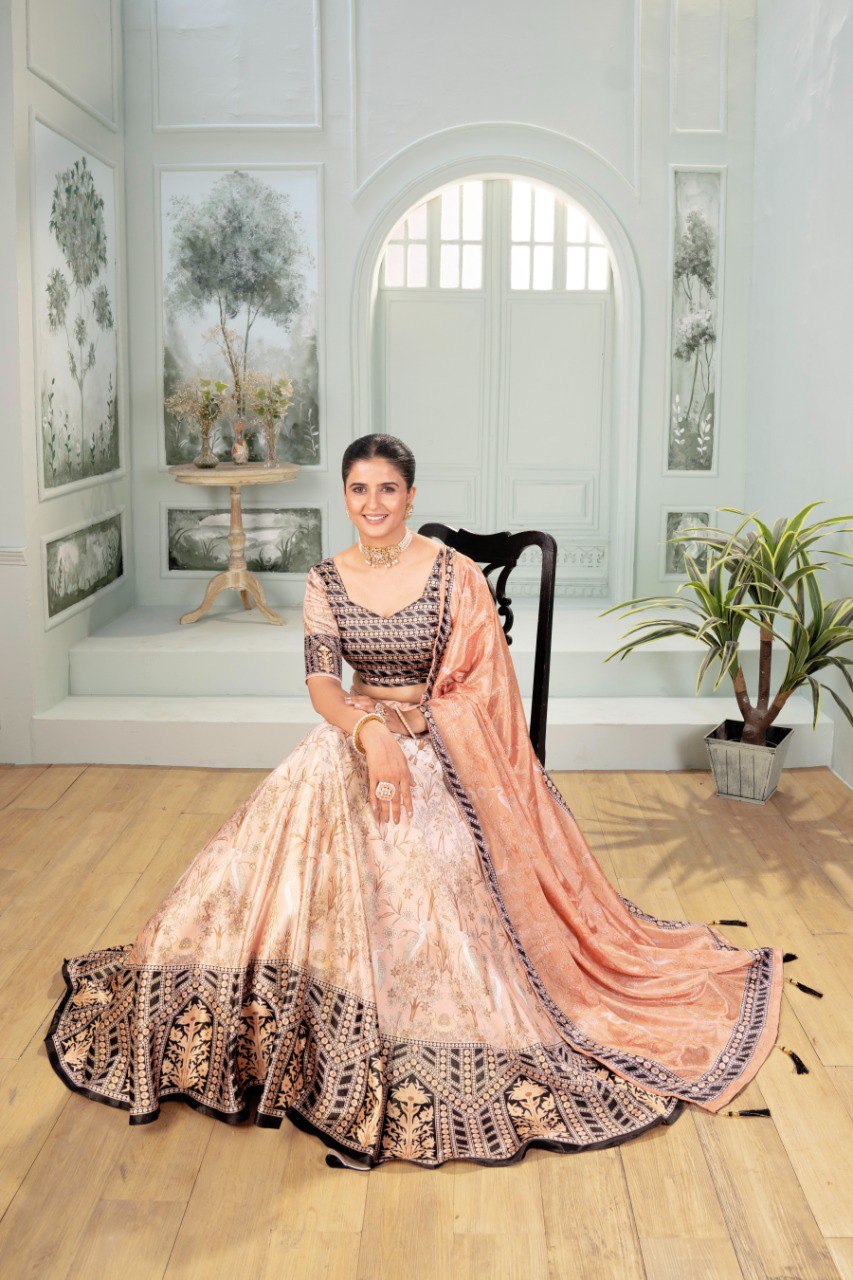 Luxury Peach & Black Printed Lehenga Choli Set with Heavy Border Dupatta