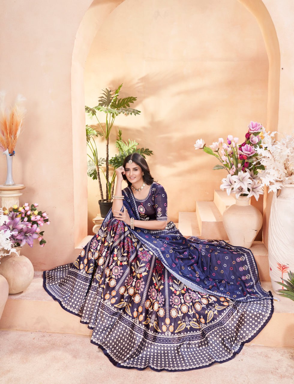 Navy Blue Floral Printed Lehenga Choli with Dupatta for Women