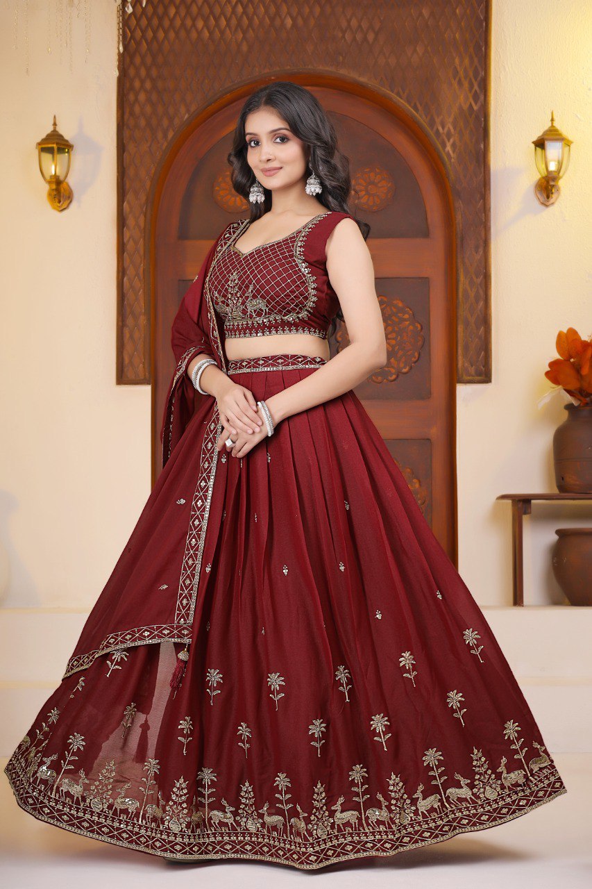 Maroon Embroidered Designer Lehenga Choli with Dupatta