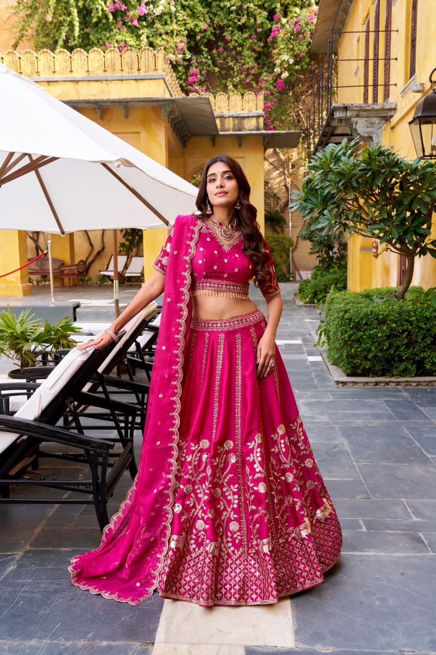 Natural Silk Lehenga with Golden Embroidery for Women