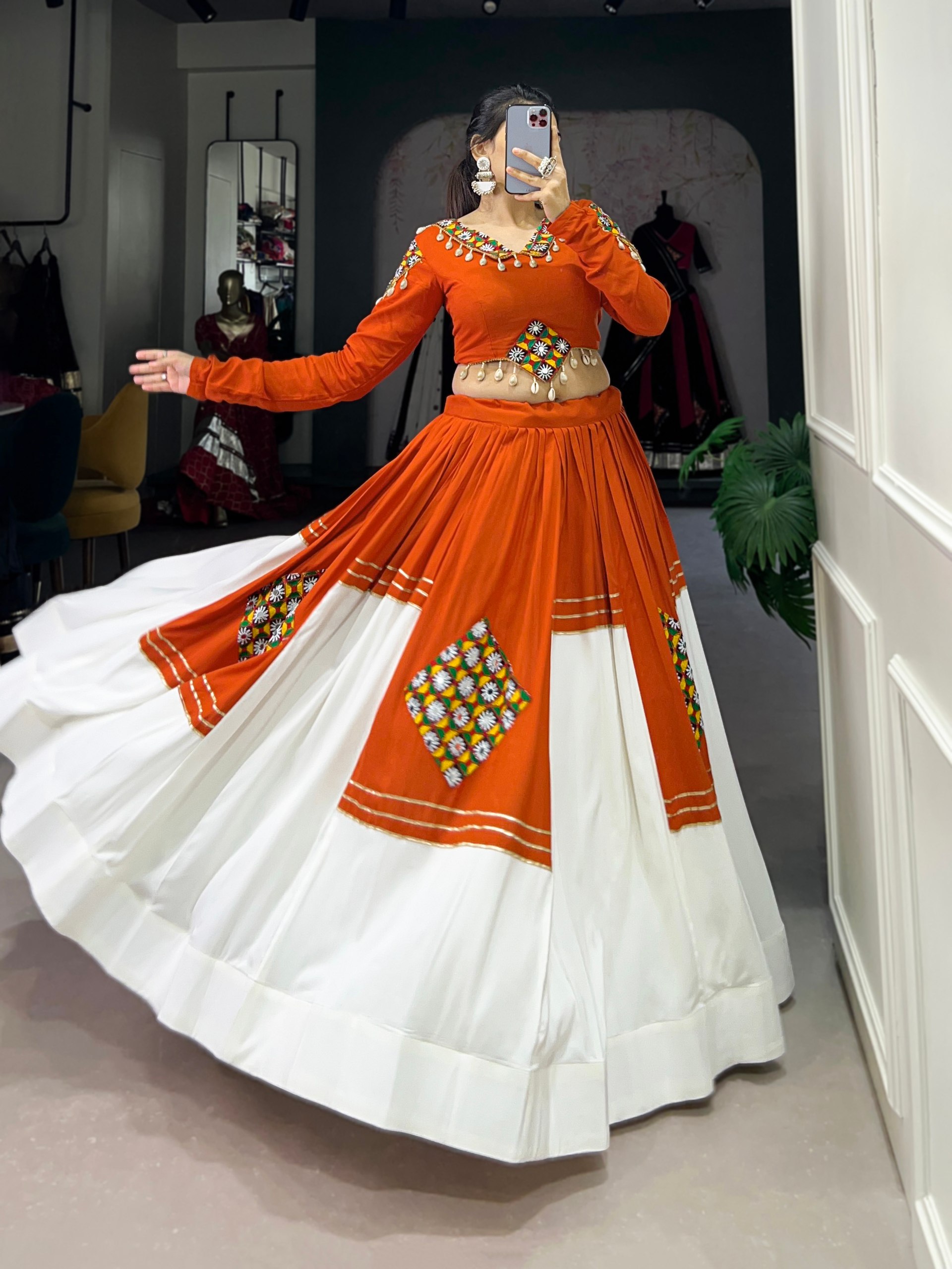 Orange & White Navratri Lehenga Choli for Women | Gujarati Mirror Work Garba Dress | Designer Festive Wear