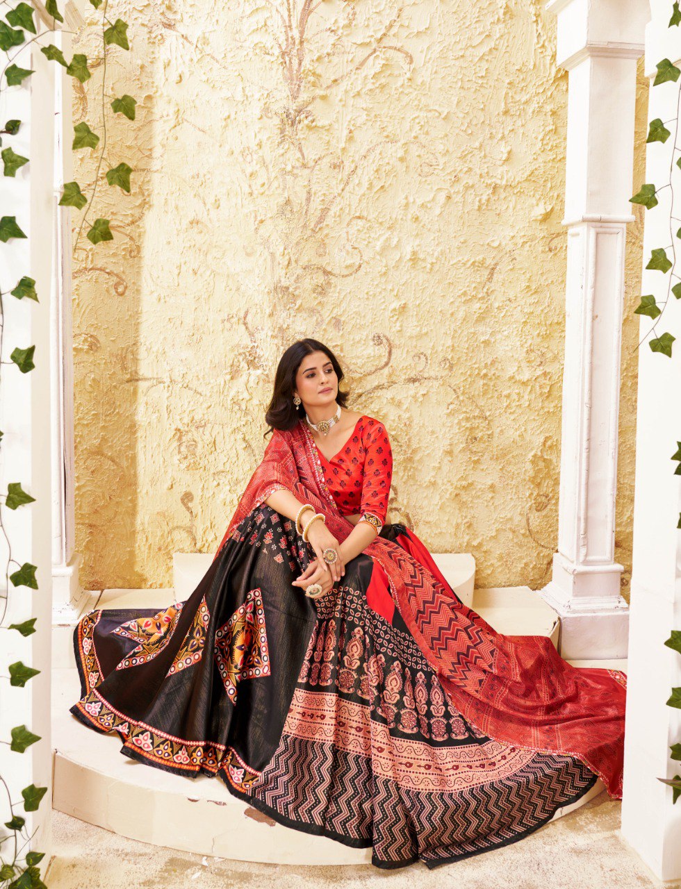 Red and Black Printed Lehenga Choli with Dupatta for Women