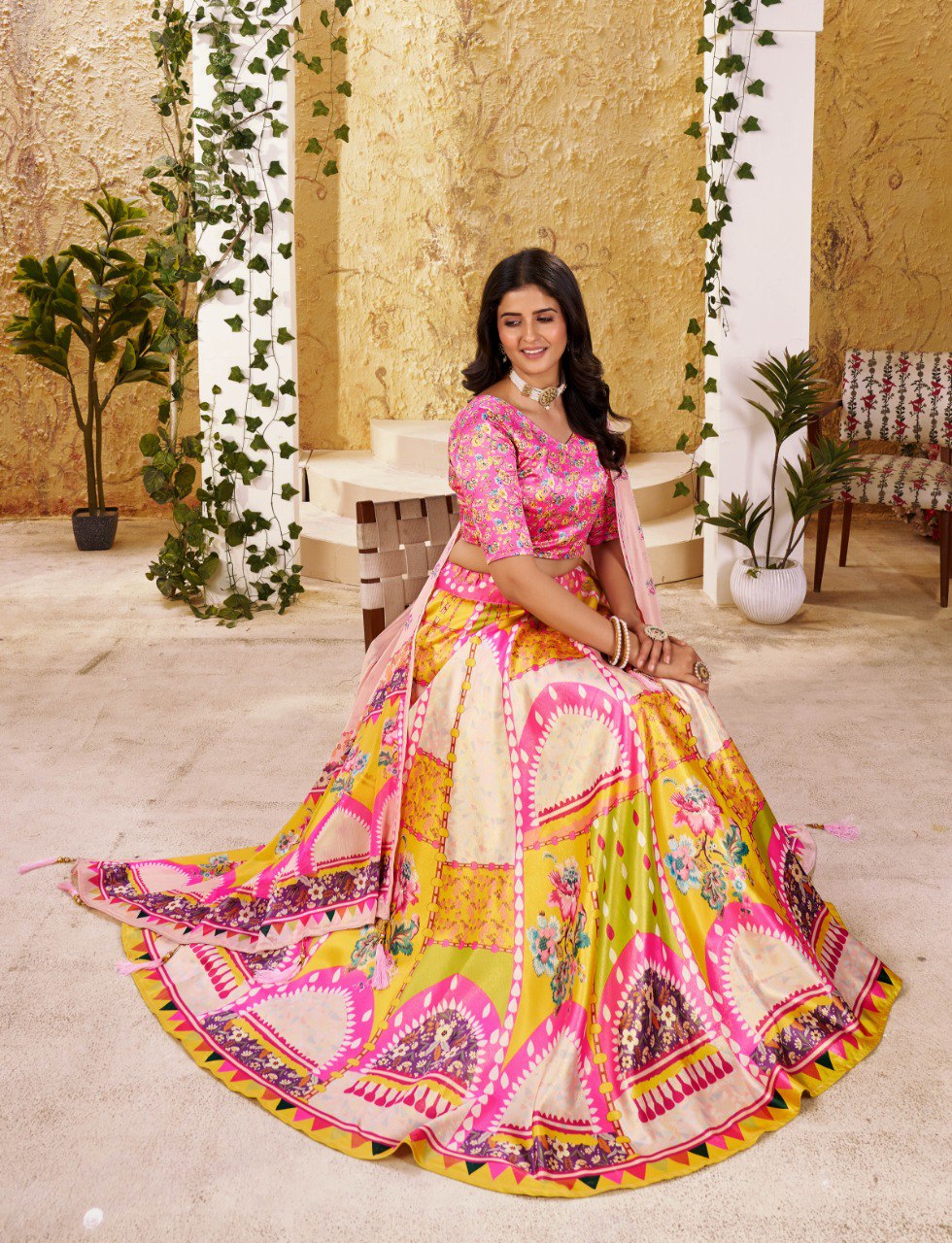 Pink and Yellow Printed Lehenga Choli with Designer Dupatta for Festive Wear
