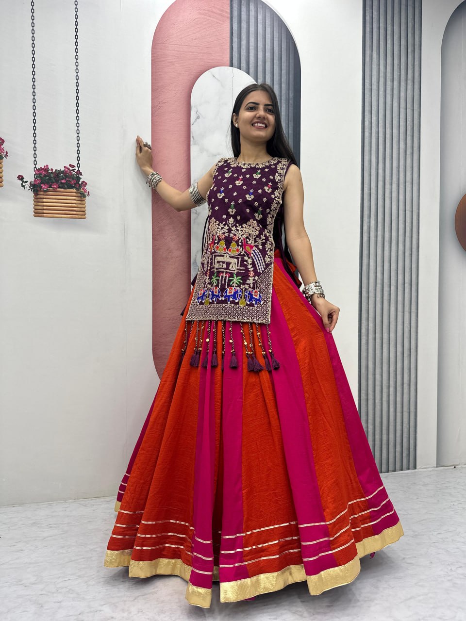 Vibrant Multi-Color Vichitra Silk Lehenga Set with Rich Traditional Handwork Shrug
