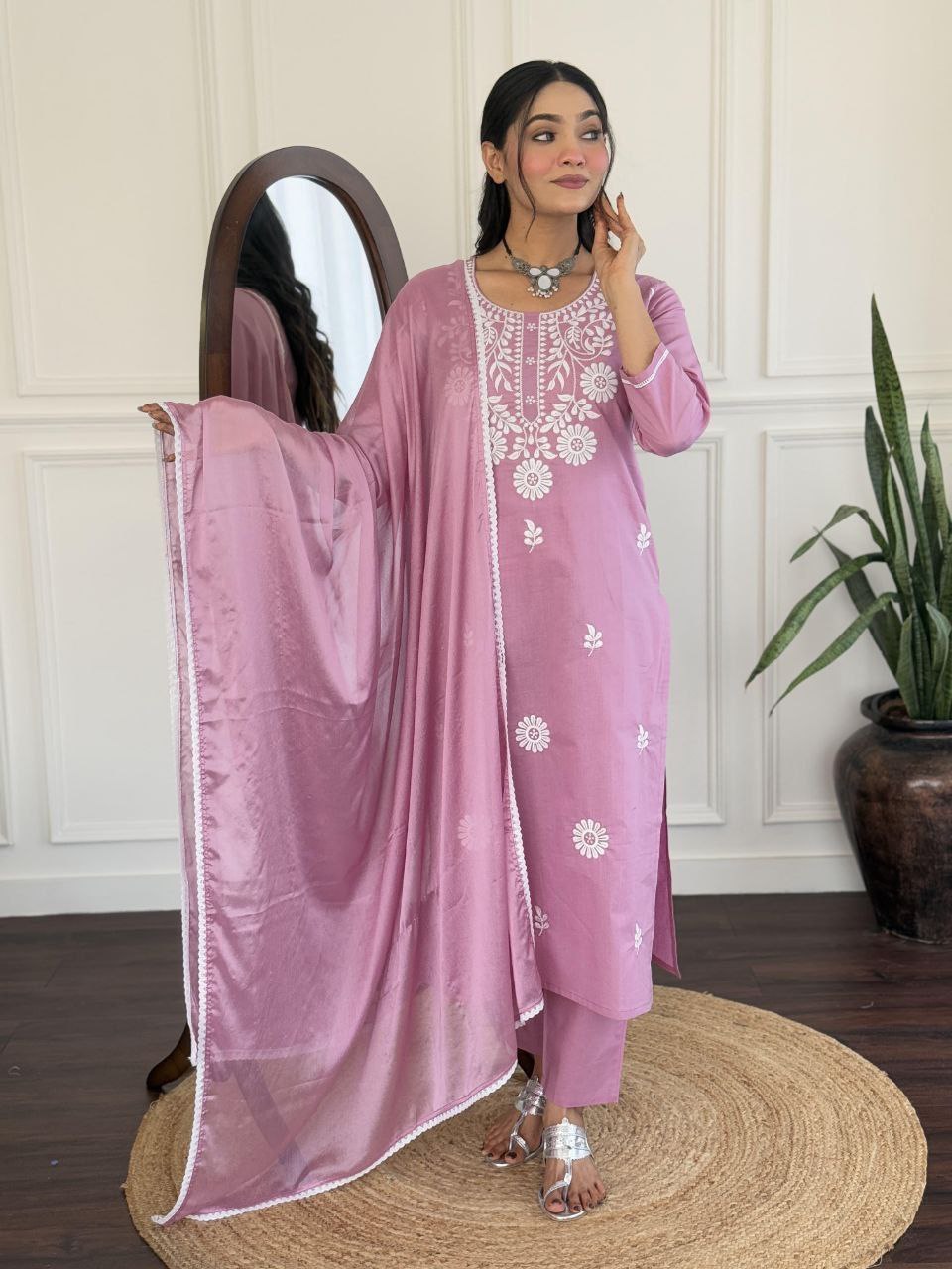 Lavender Embroidered Viscose Kurta Set with Dupatta & Fancy Lace Work