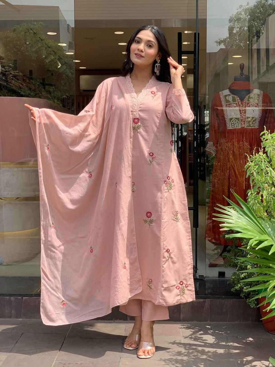 Blush Pink Embroidered Roman Cotton Kurta Set with Dupatta for Women