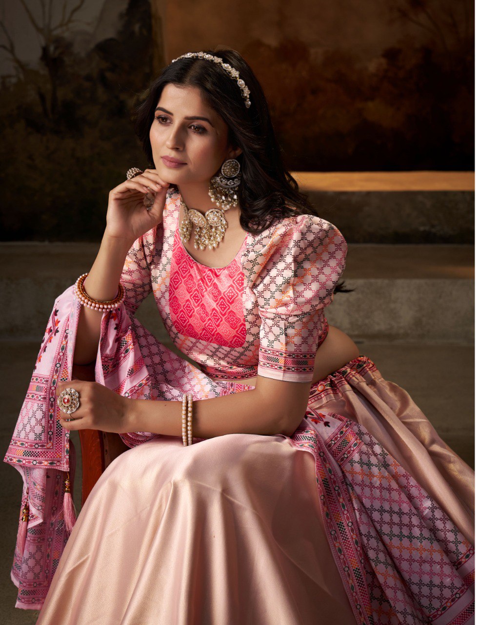 Blush Pink Silk Lehenga Choli with Red Printed Border and Designer Dupatta
